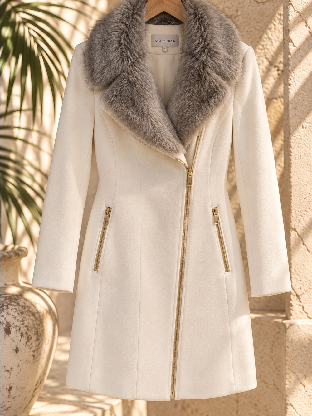Via Spiga Cream Trench Coat with Gray Faux Fur Collar
